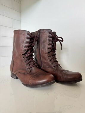 Steve Madden Women's Troopa Brown Leather Zip Up Combat Boots sz 8